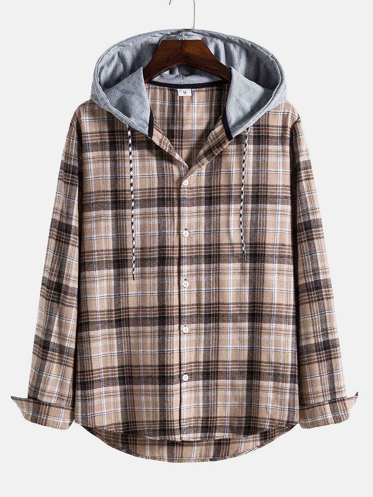 Men Contrast Hooded Drawstring Plaid Shirt