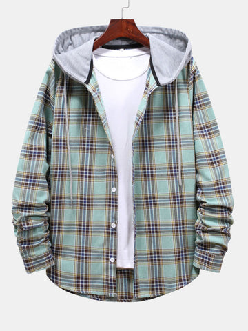 Plaid Drawstring Hooded Shirt